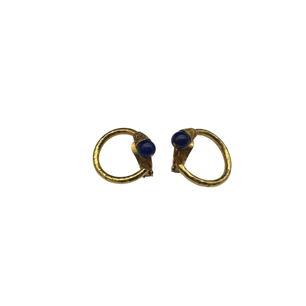 Vintage Etruscan Revival 18K 750 Gold Lapis Lazuli Blue Hoop Earrings Ornate - Picture 5 of 10